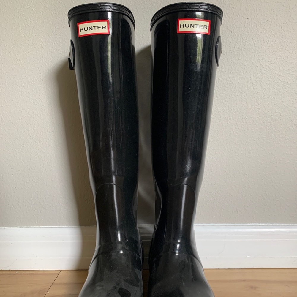 Black Glossy Hunter Knee High Rain Boots